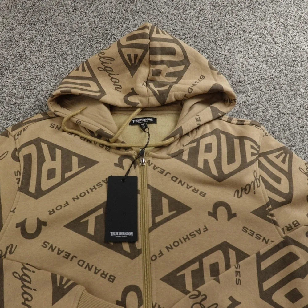 NEW True Religion Hoodie Mens L Beige‎ Horseshoe Logo Full Zip Sweatshirt Jacket
